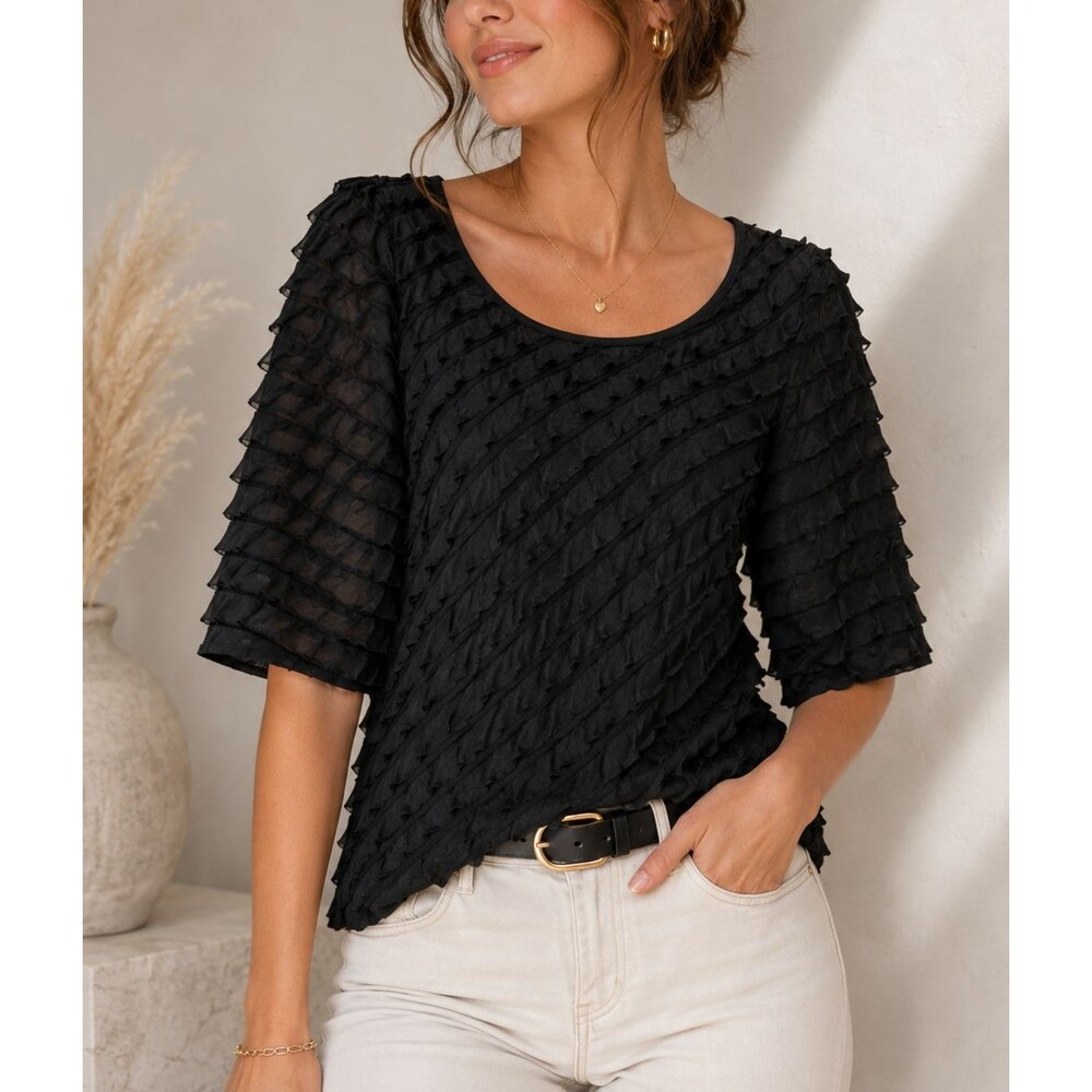 Vintage Only 9 Blouse Womens Large Black Ruffle Chiffon Retro Boho Goth Top